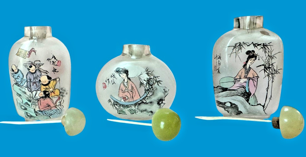 Vintage Chinese Inside Painted Glass Snuff Bottles Set 3 Jade Stone Stoppers Box